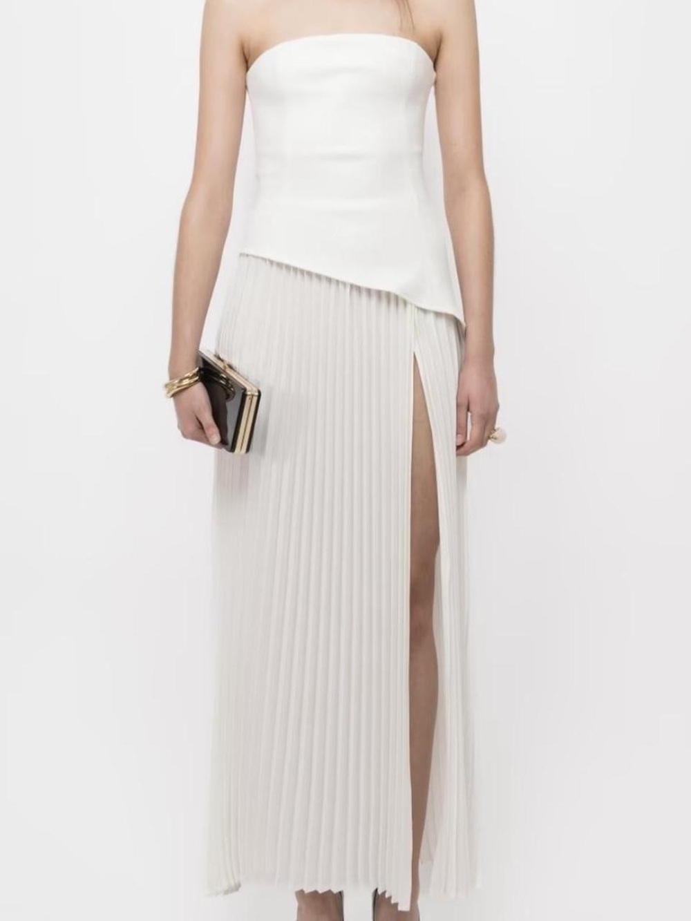 Strapless White Pleated Maxi Dress with Side Slit